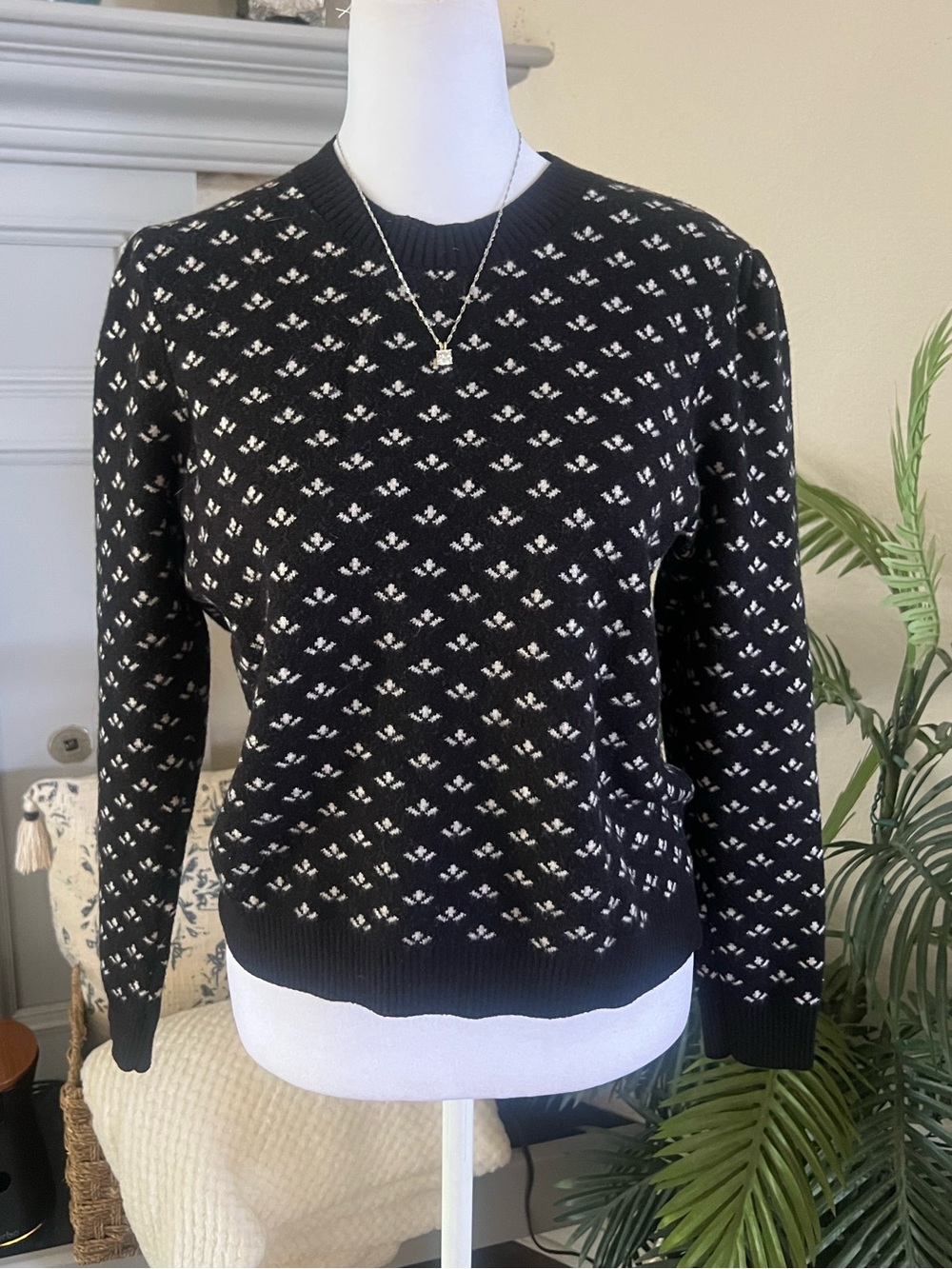 Adrianna Papell Black and White Fair Isle Crewneck Sweater
